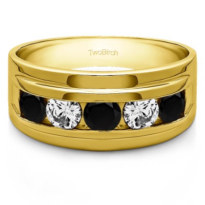 1 Ct. Black and White Five Stone Classic Channel Set Men's Wedding Ring in Yellow Gold