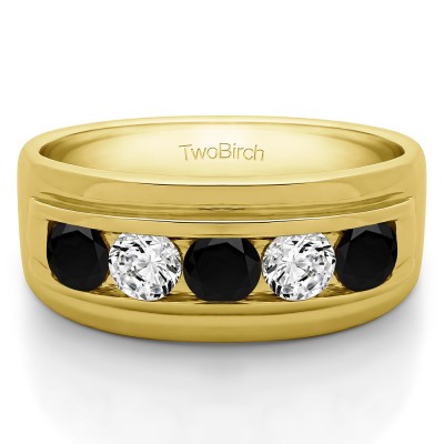 2 Ct. Black and White Five Stone Classic Channel Set Men's Wedding Ring in Yellow Gold