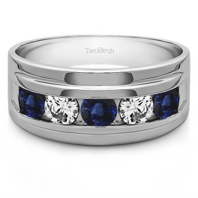 0.24 Ct. Sapphire and Diamond Classic Five Stone Channel Set Men's Wedding Ring