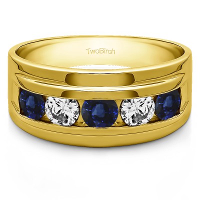 1 Ct. Sapphire and Diamond Classic Five Stone Channel Set Men's Wedding Ring in Yellow Gold