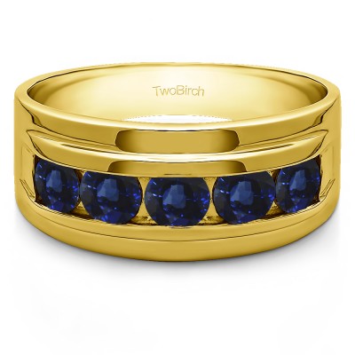0.24 Ct. Sapphire Classic Five Stone Channel Set Men's Wedding Ring in Yellow Gold