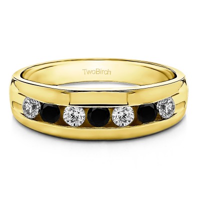 0.98 Ct. Black and White Seven Stone Channel Set Men's Ring with Open End Design in Yellow Gold