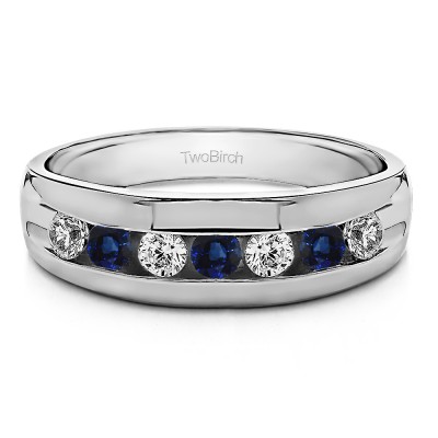 0.49 Ct. Sapphire and Diamond Seven Stone Channel Set Men's Ring with Open End Design