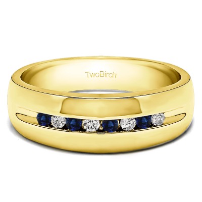 0.32 Ct. Sapphire and Diamond Eight Stone Thin Channel Set Men's Wedding Ring with Open Ends in Yellow Gold