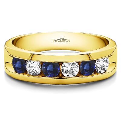 0.99 Ct. Sapphire and Diamond Six Stone Channel Set Gent's Band with Open Ends in Yellow Gold