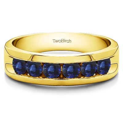 0.99 Ct. Sapphire Six Stone Channel Set Gent's Band with Open Ends in Yellow Gold