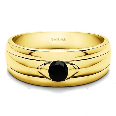 0.95 Ct. Black Stone Burnished Solitaire Men's Wedding Ring with Ribbed Shank in Yellow Gold