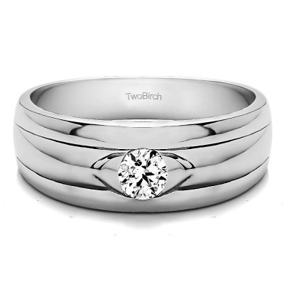 0.39 Ct. Burnished Solitaire Men's Wedding Ring with Ribbed Shank With Cubic Zirconia Mounted in Sterling Silver.(Size 9.25)