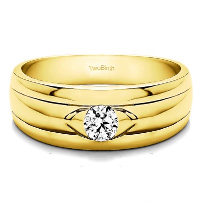 0.25 Ct. Burnished Solitaire Men's Wedding Ring with Ribbed Shank in Yellow Gold