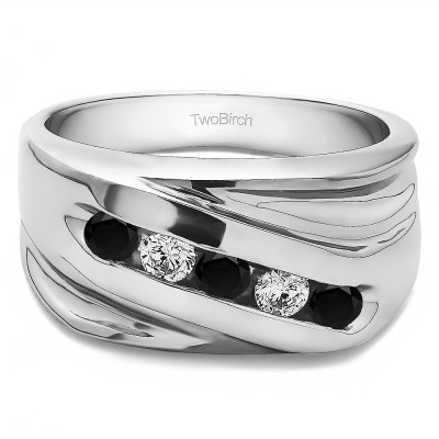 1 Ct. Black and White Five Stone Channel Set Ribbed Shank Men's Wedding Band