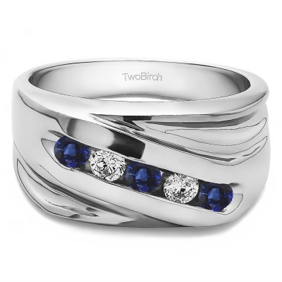 0.5 Ct. Sapphire and Diamond Five Stone Channel Set Ribbed Shank Men's Wedding Band