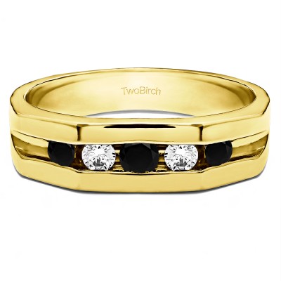 0.51 Ct. Black and White Five Stone Channel Set Open Ended Men's Ring in Yellow Gold