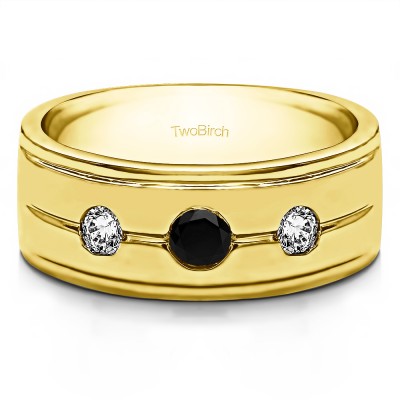 0.5 Ct. Black and White Three Stone Burnished Set Men's Wedding Ring in Yellow Gold