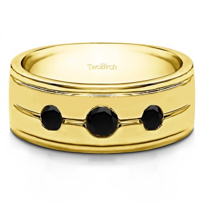 0.5 Ct. Black Three Stone Burnished Set Men's Wedding Ring in Yellow Gold