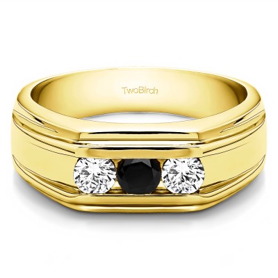 0.33 Ct. Black and White Three Stone Channel Set Men's Wedding Ring in Yellow Gold
