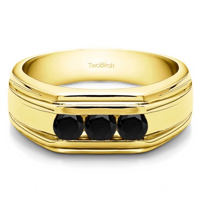 0.33 Ct. Black Three Stone Channel Set Men's Wedding Ring in Yellow Gold