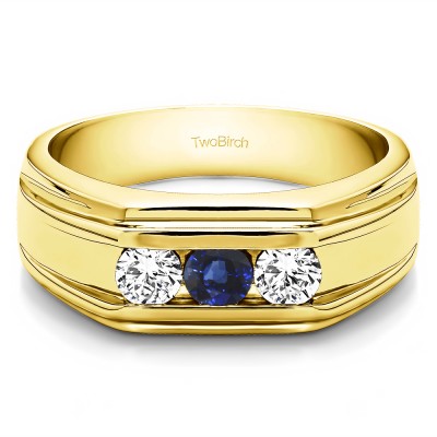0.33 Ct. Sapphire and Diamond Three Stone Channel Set Men's Wedding Ring in Yellow Gold