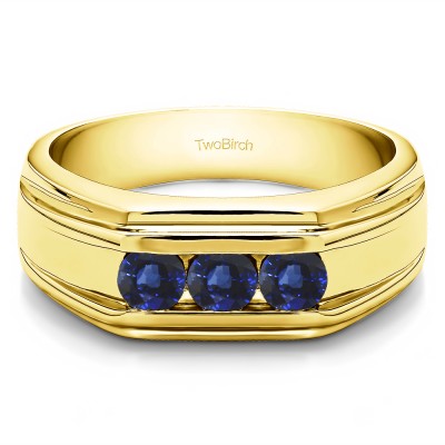 0.33 Ct. Sapphire Three Stone Channel Set Men's Wedding Ring in Yellow Gold