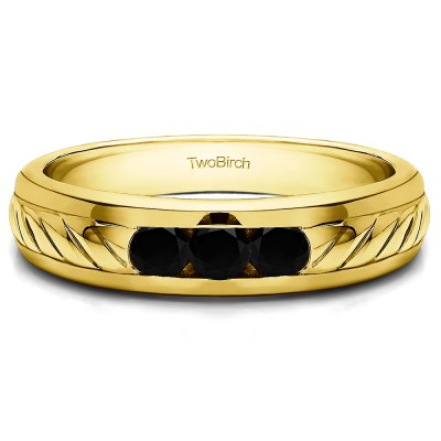 0.5 Ct. Black Three Stone Men's Wedding Ring with Ribbed Shank in Yellow Gold
