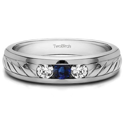 0.5 Ct. Sapphire and Diamond Three Stone Men's Wedding Ring with Ribbed Shank