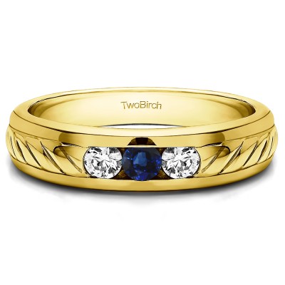 0.5 Ct. Sapphire and Diamond Three Stone Men's Wedding Ring with Ribbed Shank in Yellow Gold