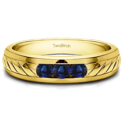 0.5 Ct. Sapphire Three Stone Men's Wedding Ring with Ribbed Shank in Yellow Gold