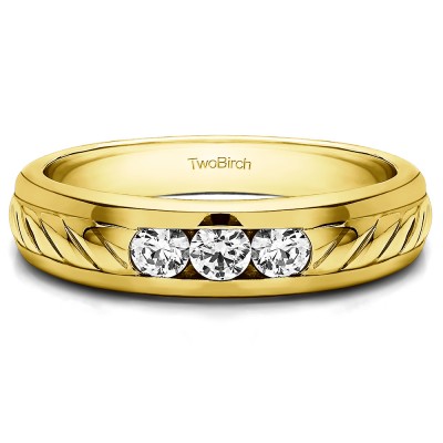 0.5 Ct. Three Stone Men's Wedding Ring with Ribbed Shank in Yellow Gold