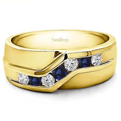 0.75 Ct. Sapphire and Diamond Twisted Channel Set Men's Wedding Band in Yellow Gold
