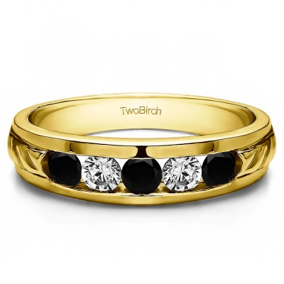 0.3 Ct. Black and White Five Stone Channel Set Men's Wedding Ring in Yellow Gold
