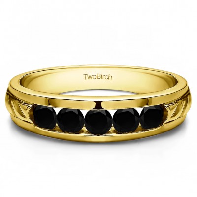 0.3 Ct. Black Five Stone Channel Set Men's Wedding Ring in Yellow Gold
