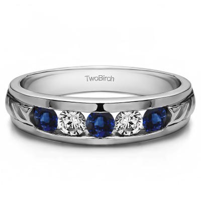 1 Ct. Sapphire and Diamond Five Stone Channel Set Men's Wedding Ring