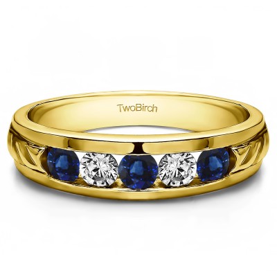 0.75 Ct. Sapphire and Diamond Five Stone Channel Set Men's Wedding Ring in Yellow Gold