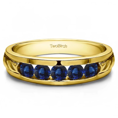 0.75 Ct. Sapphire Five Stone Channel Set Men's Wedding Ring in Yellow Gold