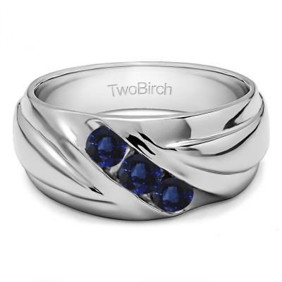 0.15 Ct. Sapphire Three Stone Channel Set Ribbed Men's Wedding Ring
