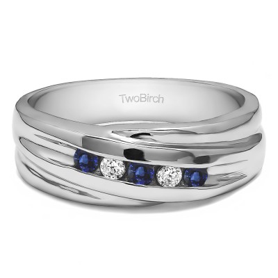 0.5 Ct. Sapphire and Diamond Five Stone Channel Set Men's Ring with Twisted Shank