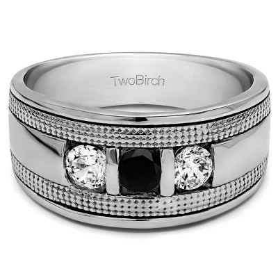 0.74 Ct. Black and White Three Stone Bar Set Men's Ring with Millgrained Detailing