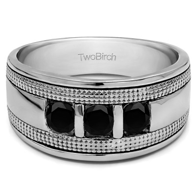 0.33 Ct. Black Three Stone Bar Set Men's Ring with Millgrained Detailing