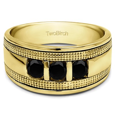 0.33 Ct. Black Three Stone Bar Set Men's Ring with Millgrained Detailing in Yellow Gold