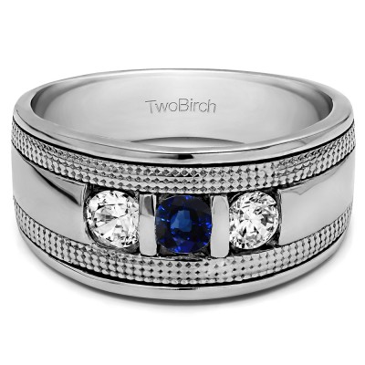0.5 Ct. Sapphire and Diamond Three Stone Bar Set Men's Ring with Millgrained Detailing