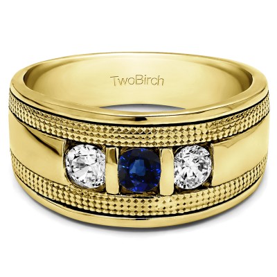 0.33 Ct. Sapphire and Diamond Three Stone Bar Set Men's Ring with Millgrained Detailing in Yellow Gold