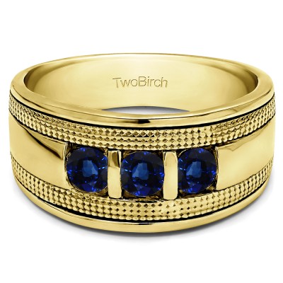 0.33 Ct. Sapphire Three Stone Bar Set Men's Ring with Millgrained Detailing in Yellow Gold