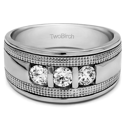 0.74 Ct. Three Stone Bar Set Men's Ring with Millgrained Detailing With Cubic Zirconia Mounted in Sterling Silver.(Size 8)