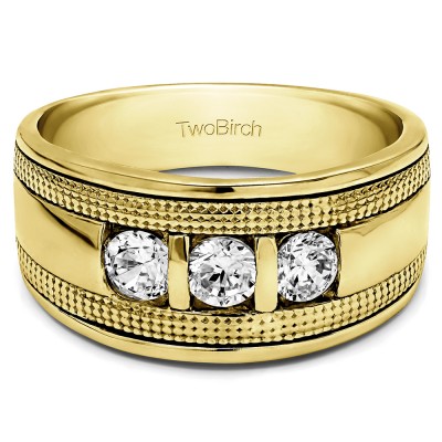 0.33 Ct. Three Stone Bar Set Men's Ring with Millgrained Detailing in Yellow Gold