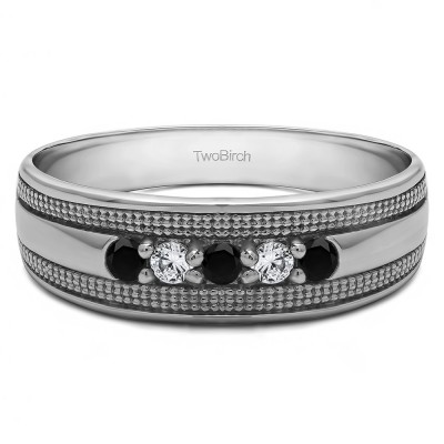 0.25 Ct. Black and White Five Stone Prong set Men's Ring with Millgrained Detailing