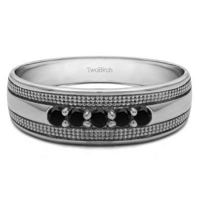 0.5 Ct. Black Five Stone Prong set Men's Ring with Millgrained Detailing