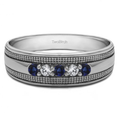 0.25 Ct. Sapphire and Diamond Five Stone Prong set Men's Ring with Millgrained Detailing