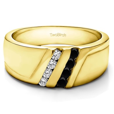 0.5 Ct. Black and White Stone Double Row Twisted Channel Set Men's Wedding Band in Yellow Gold