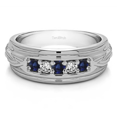 0.5 Ct. Sapphire and Diamond Five Stone Engraved Shank Men's Wedding Ring