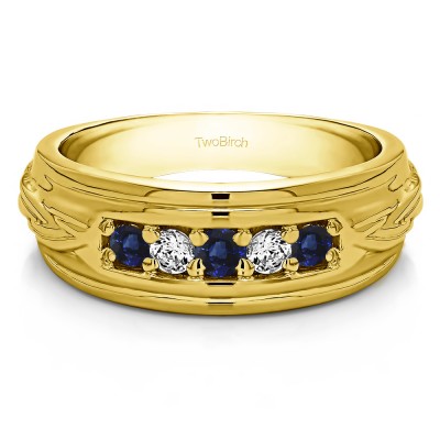 0.5 Ct. Sapphire and Diamond Five Stone Engraved Shank Men's Wedding Ring in Yellow Gold