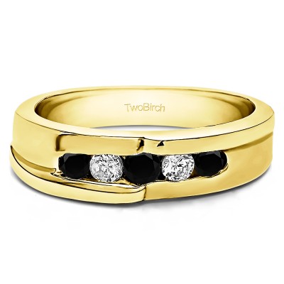 0.25 Ct. Black and White Five Stone Twisted Channel Set Men's Wedding Band in Yellow Gold